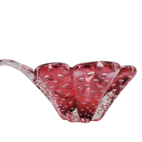 Small Murano Cranberry Art Glass Bowl Controlled Bubble Handle Dish Vintage Red - Picture 5 of 15